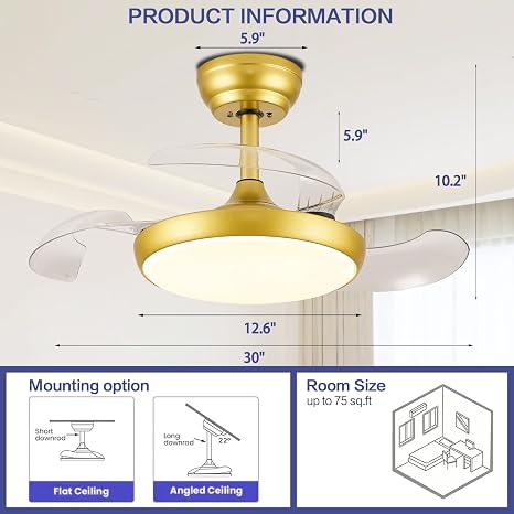 Ventilador de techo con luz y control remoto - 30 pulgadas