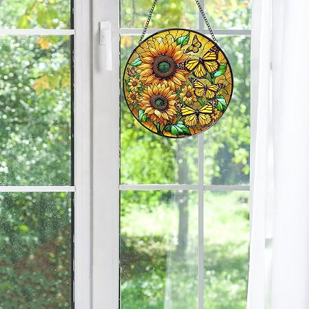 Adorno colgante de girasol tipo vitral para ventana - 7.87 in