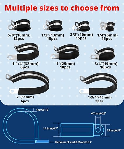 Abrazaderas metálicas con goma para cables o tuberías - 10 piezas